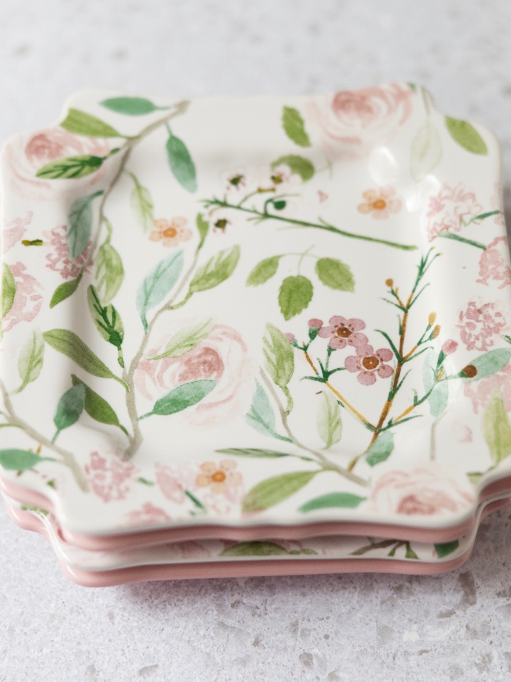 Sweet Laurel 6” Square Dessert Plates Set of 4 Pink & Floral Victorian Style